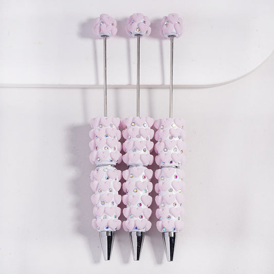 Beadable Clay Pens with Granulated Sugar Pink Hearts and AB Rhinestones Valentine's Day