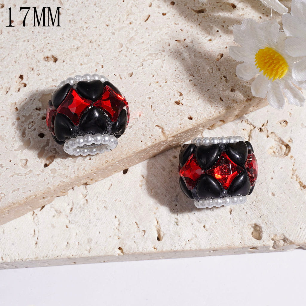 Handmade Acrylic Beads with Black Heart and Red Diamond Shaped Rhinestones, White Pearl Chains, 17MM