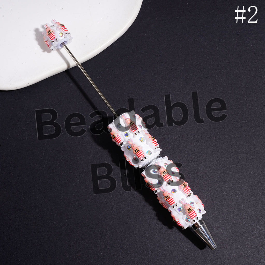 Beadable Clay Pens with Rabbit Wearing Prison Uniform and AB Rhinestone, Multi-Color