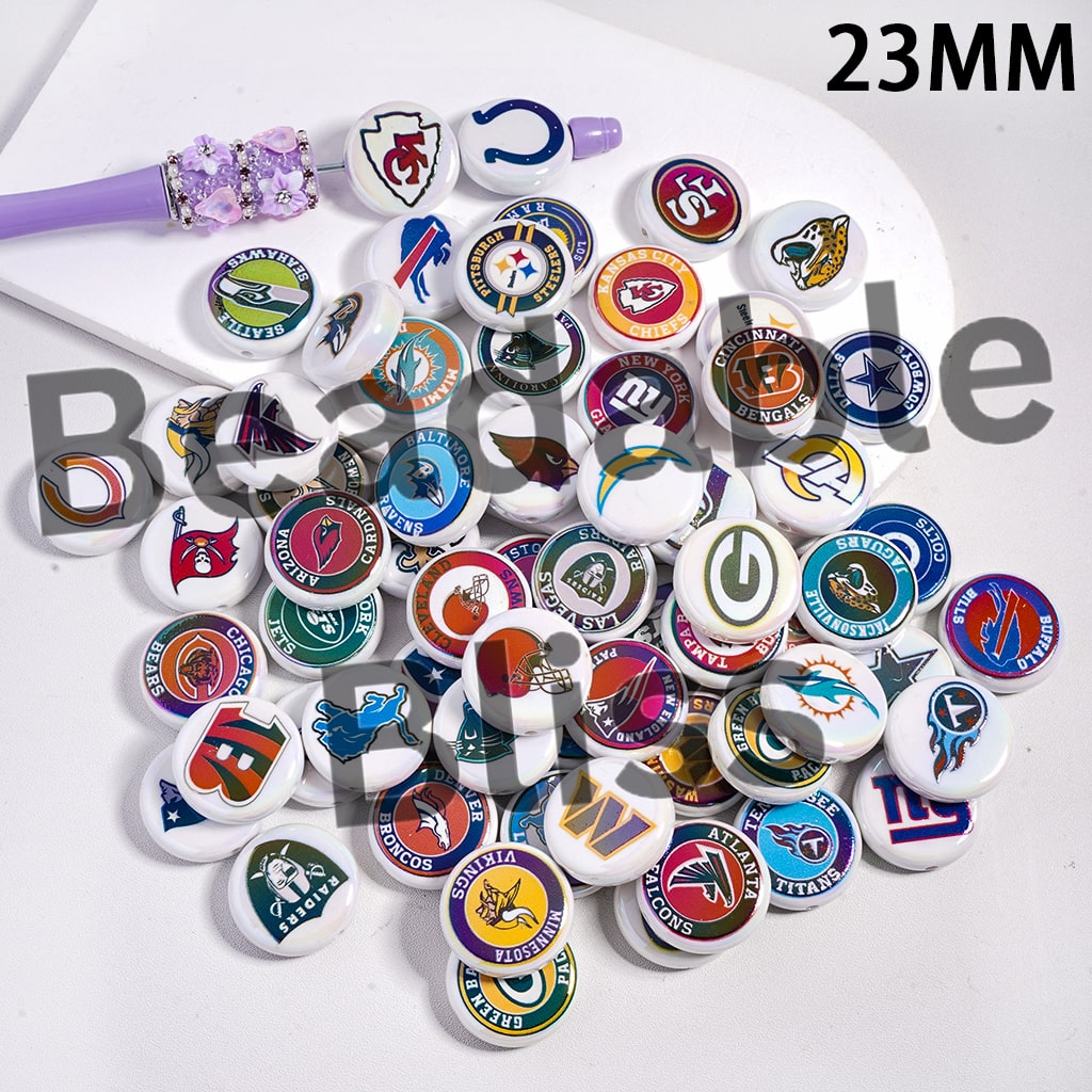 Acrylic Beads UV Coating American Football Series Double Side Prints, Flat Round Shape, 23MM (the Mix of Two Styles)