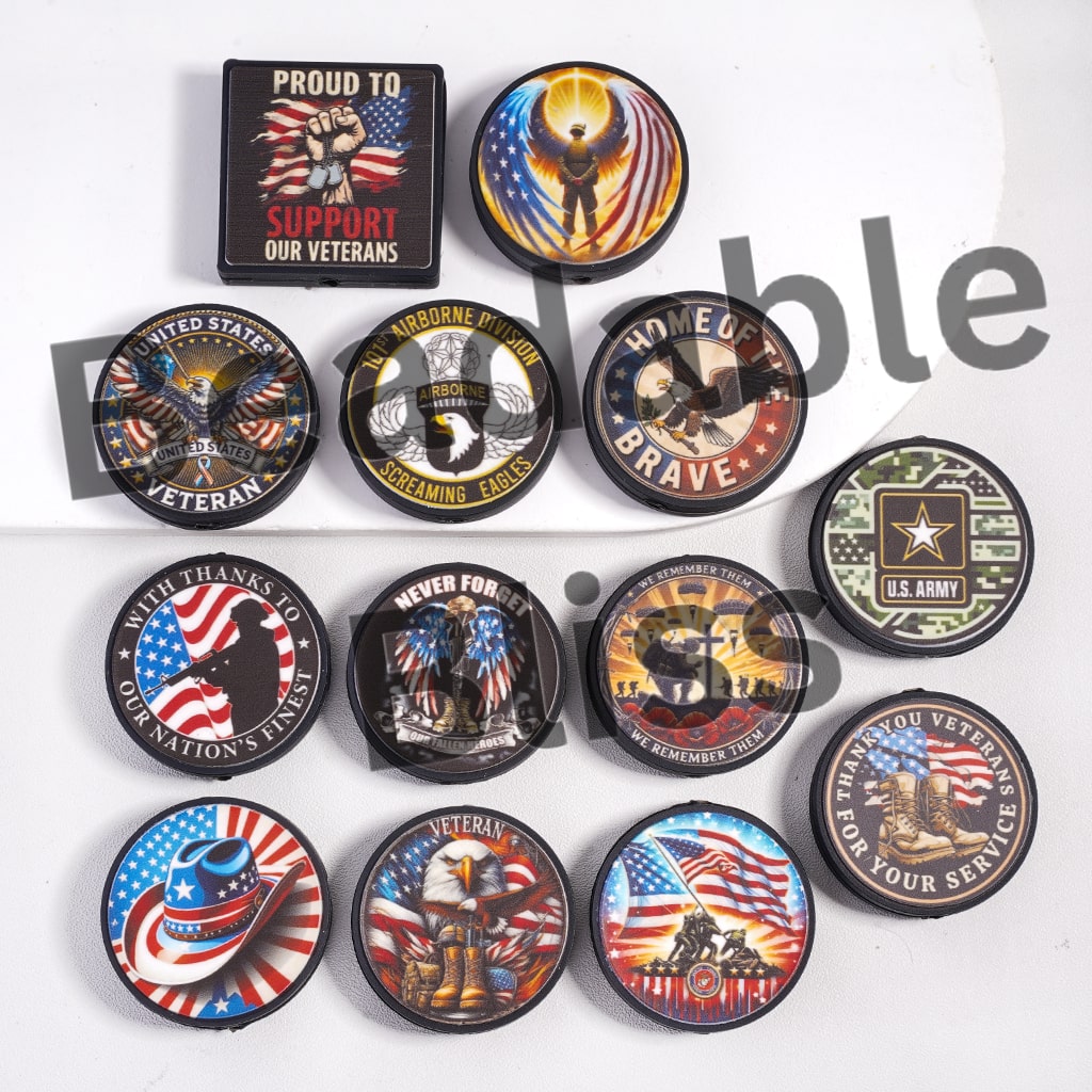 Silicone Focal Beads U.S. Veteran in Various Designs, Round and Square Shape, Random Mix
