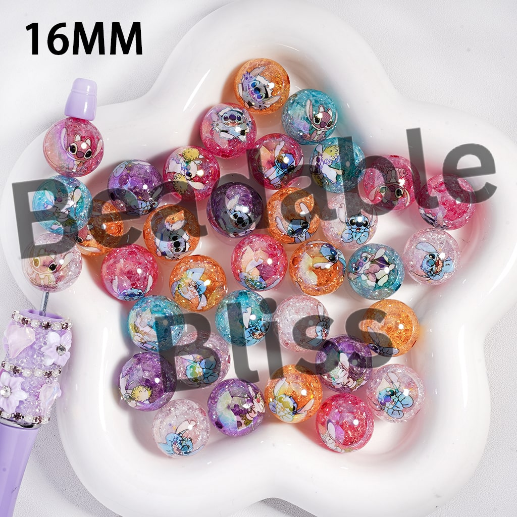 Acrylic Crackle Beads UV Coating Cute Blue Monster Character Prints, 16MM, Random Mix
