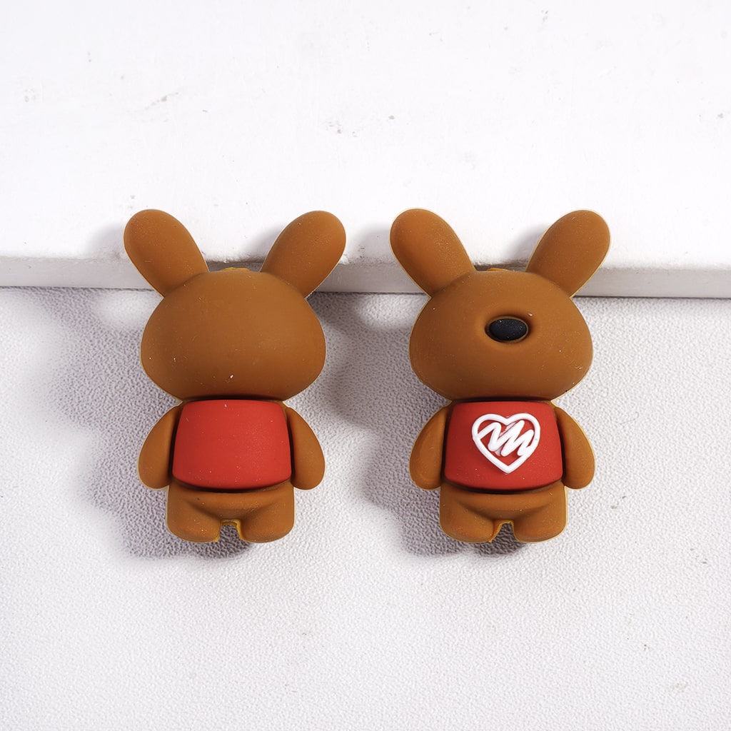 Silicone Focal Beads 3D Adorable Rabbit Wearing Red Vest with Heart, Brown and Beige