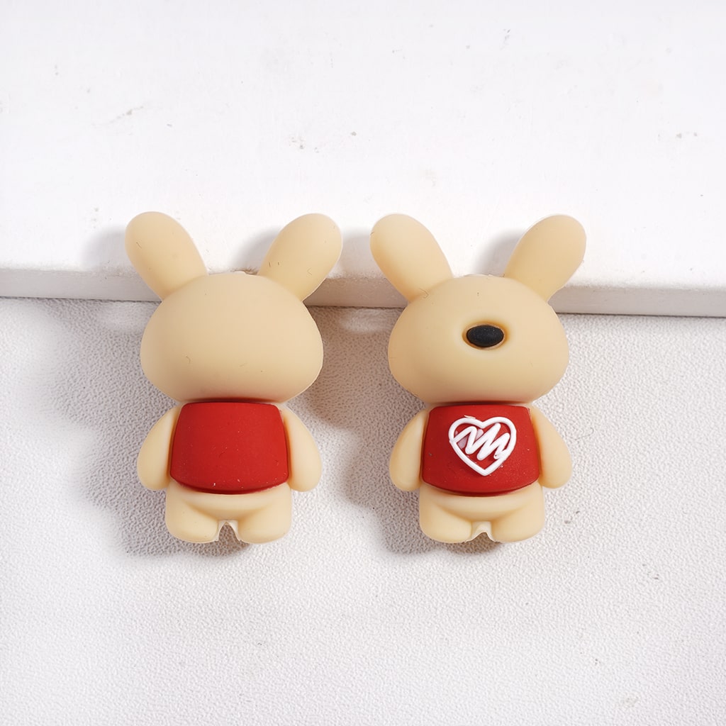 Silicone Focal Beads 3D Adorable Rabbit Wearing Red Vest with Heart, Brown and Beige