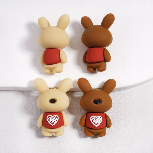 Silicone Focal Beads 3D Adorable Rabbit Wearing Red Vest with Heart, Brown and Beige