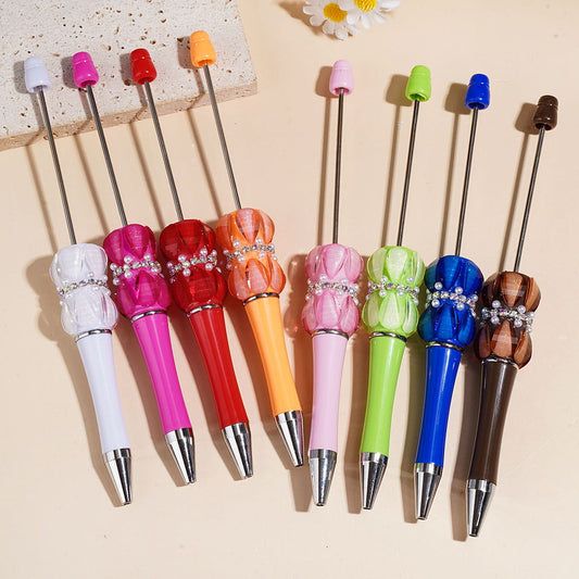 Beadable Pens with Double Layer Water Drop Rhinestones, AB Rhinestone Chains and White Pearls