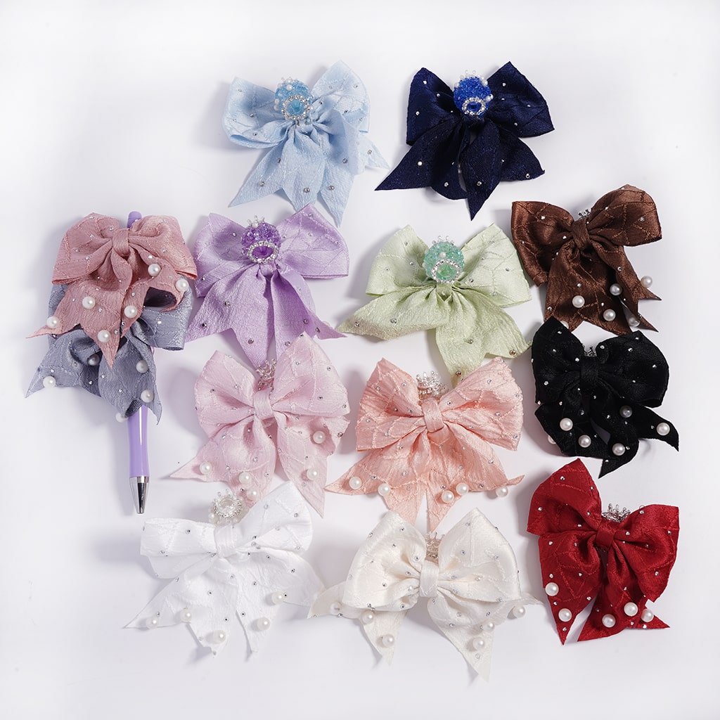 Sugar Acrylic Beads with Cone Shape Rhinestones and Silver Crown, Gorgeous Fabric Bowtie with White Pearls, Multi-Color, Random Mix