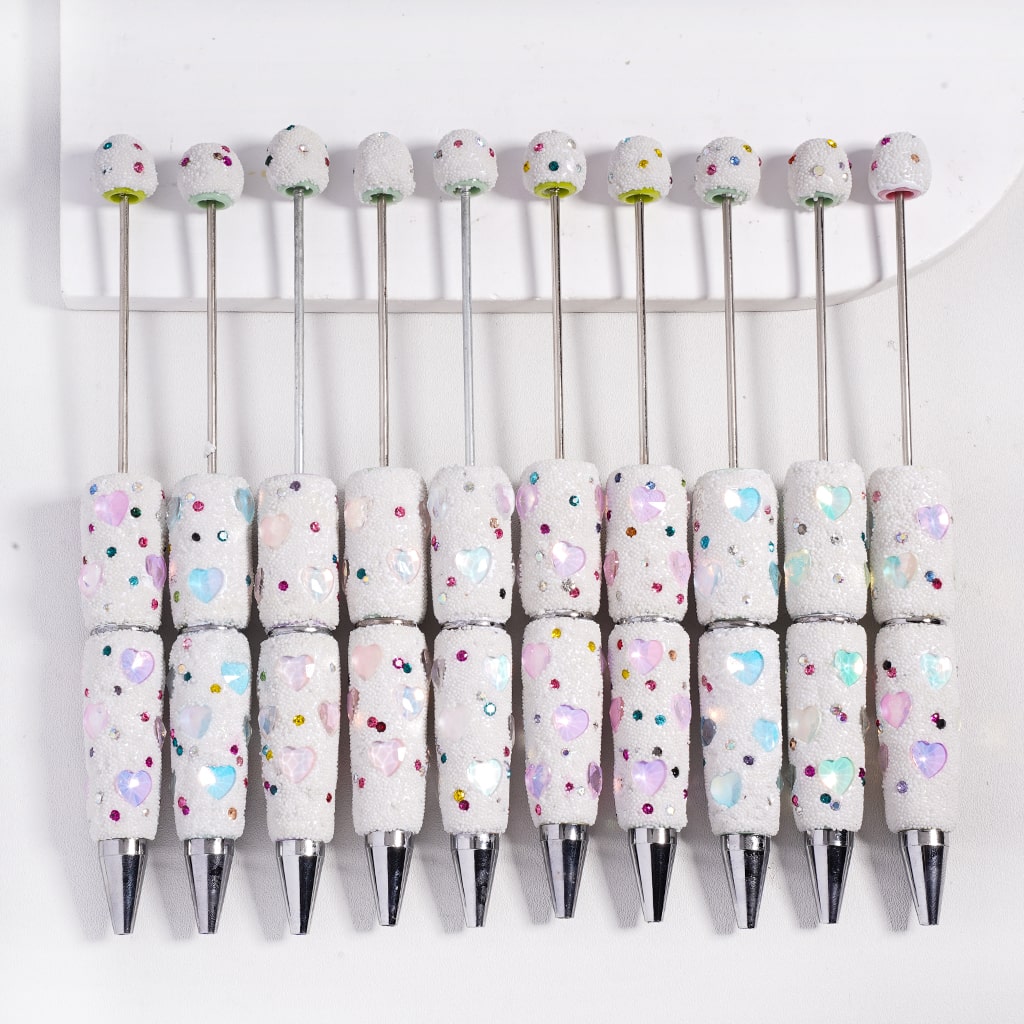 Beadable Jelly Color Hearts Shiny Rhinestones Mini White Snow Balls Clay Pen