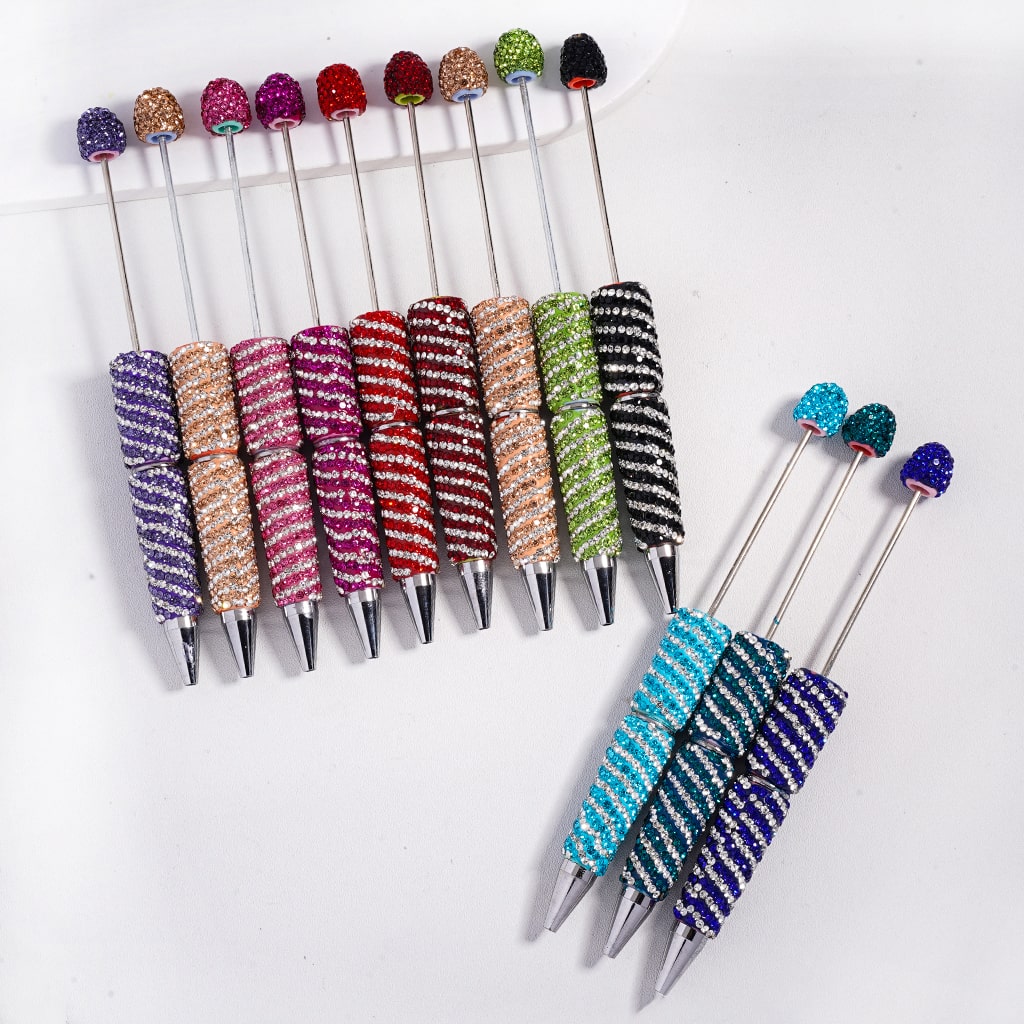 Beadable Clay Pens with Striola Oblique-Stripe Double Color Rhinestones Covered the Entire Pen,(Please Read Description)