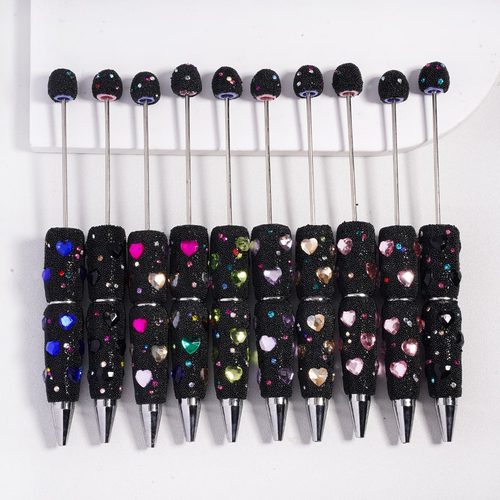 Beadable Clay Pens with Shiny Hearts Mini Colorful Rhinestones Black Snow Balls Covered the Entire Pen