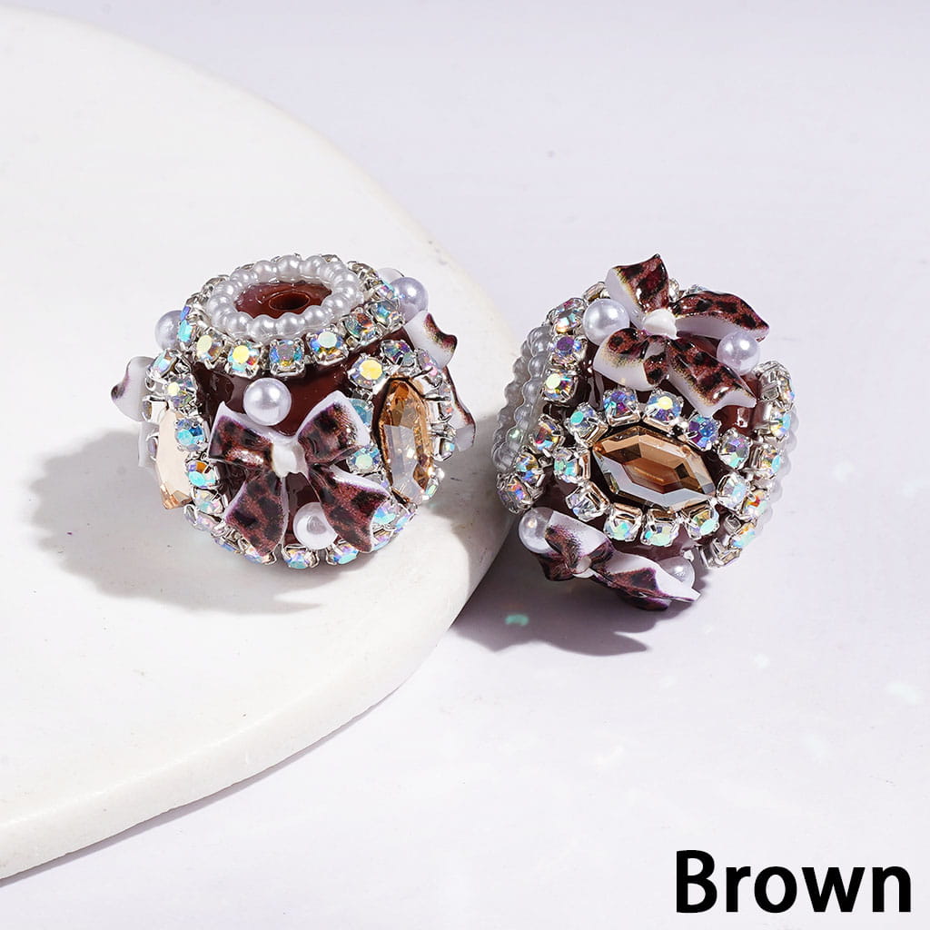 20MM Leopard Print Bowtie & Hexagon Shaped Crystal Handmade Acrylic Beads, White Pearl & AB Rhinestone Chains, Multi-Color