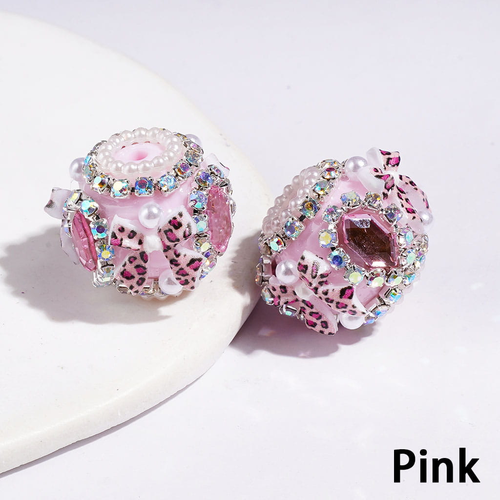 20MM Leopard Print Bowtie & Hexagon Shaped Crystal Handmade Acrylic Beads, White Pearl & AB Rhinestone Chains, Multi-Color