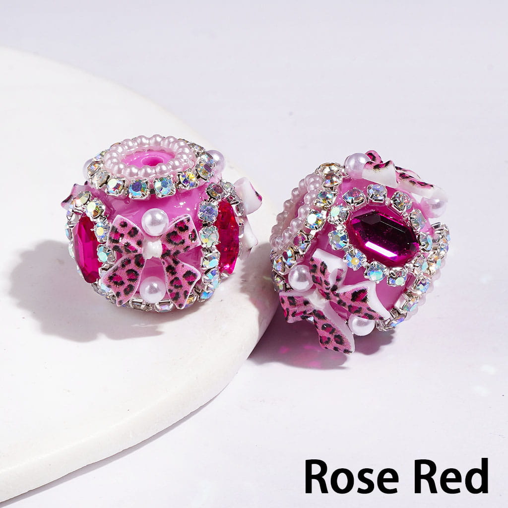 20MM Leopard Print Bowtie & Hexagon Shaped Crystal Handmade Acrylic Beads, White Pearl & AB Rhinestone Chains, Multi-Color