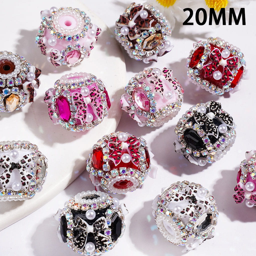 20MM Leopard Print Bowtie & Hexagon Shaped Crystal Handmade Acrylic Beads, White Pearl & AB Rhinestone Chains, Multi-Color