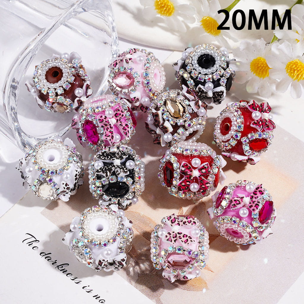 20MM Leopard Print Bowtie & Hexagon Shaped Crystal Handmade Acrylic Beads, White Pearl & AB Rhinestone Chains, Multi-Color