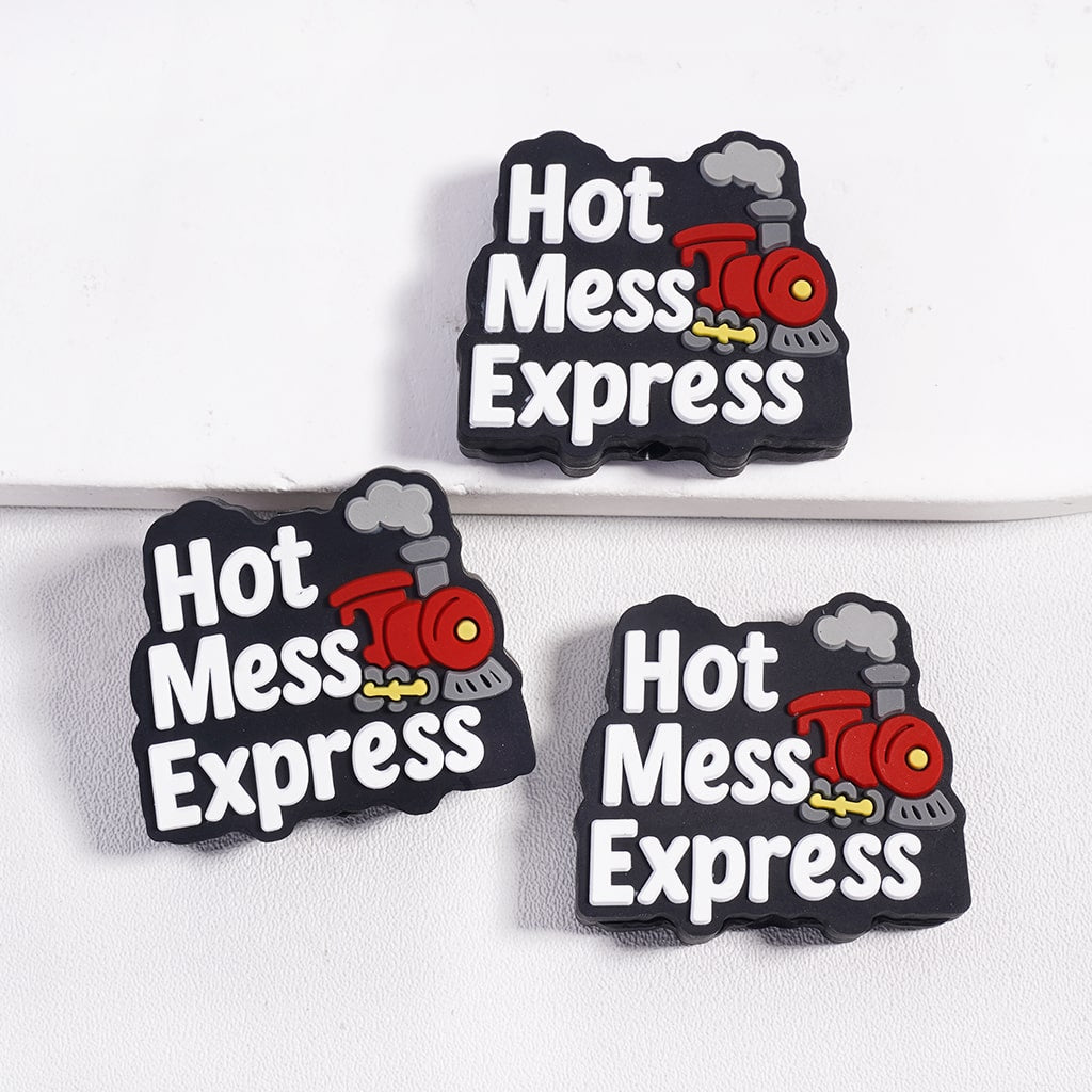 Silicone Focal Beads with Text "Hot Mess Express" by a Red Steam Train
