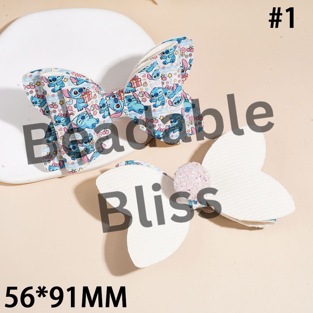 Blue Pink Monster Character Printed Three Layer Fabric Bowtie Sugar Beads, with Cone Shaped AB Rhinestones and Clear Pearl Loop