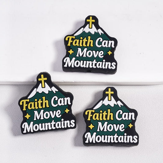 Silicone Focal Beads with Snow Mountain and Text "Faith can Move Mountain" and Cross