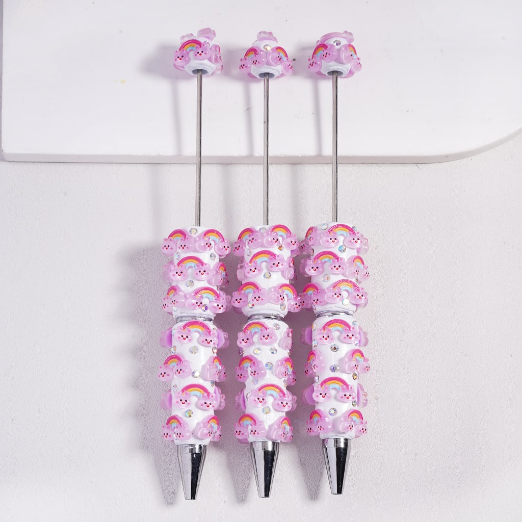Beadable Clay Pens with Rainbow and Rabbit Head, AB Rhinestones, Multi-Color