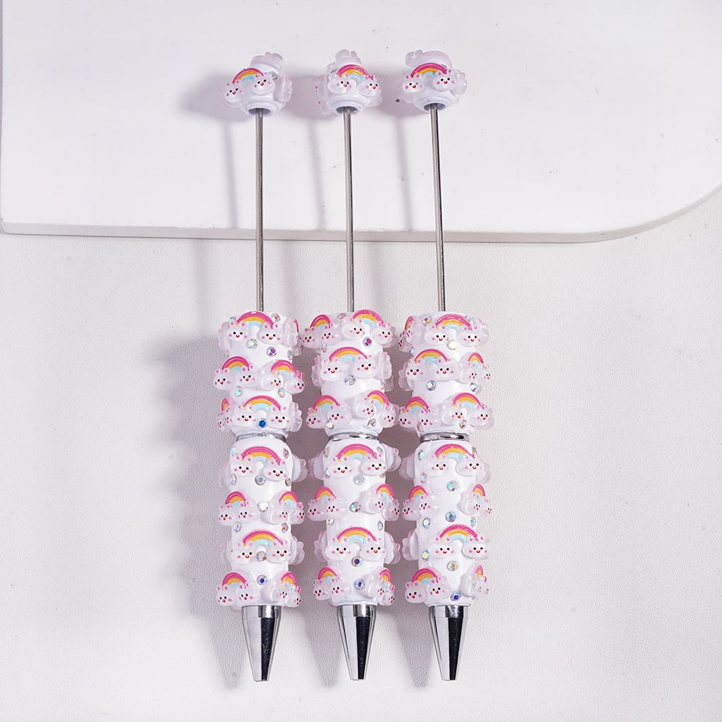 Beadable Clay Pens with Rainbow and Rabbit Head, AB Rhinestones, Multi-Color