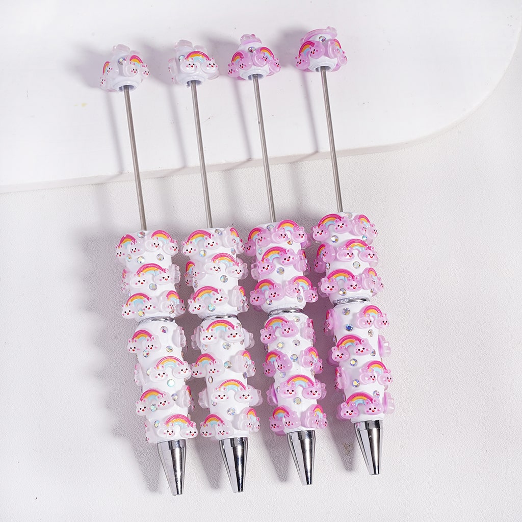 Beadable Clay Pens with Rainbow and Rabbit Head, AB Rhinestones, Multi-Color