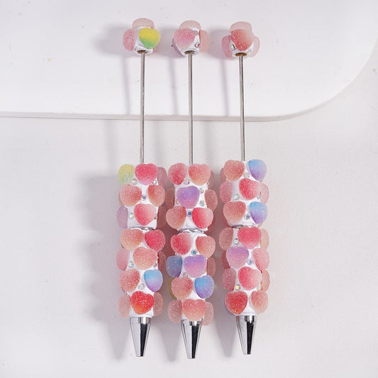 Beadable Clay Pens Granulated Sugar Hearts in Double Colors and AB Rhinestones Valentine's Day Theme