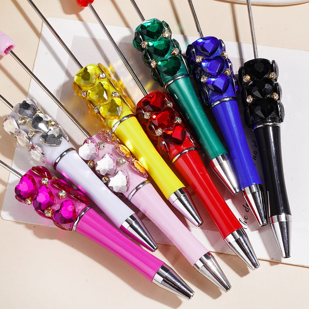 Beadable Pens with Multifaceted Heart Crystal, Gold Metal Setting with Clear Rhinestone, Various Colors
