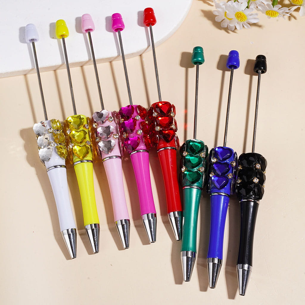 Beadable Pens with Multifaceted Heart Crystal, Gold Metal Setting with Clear Rhinestone, Various Colors
