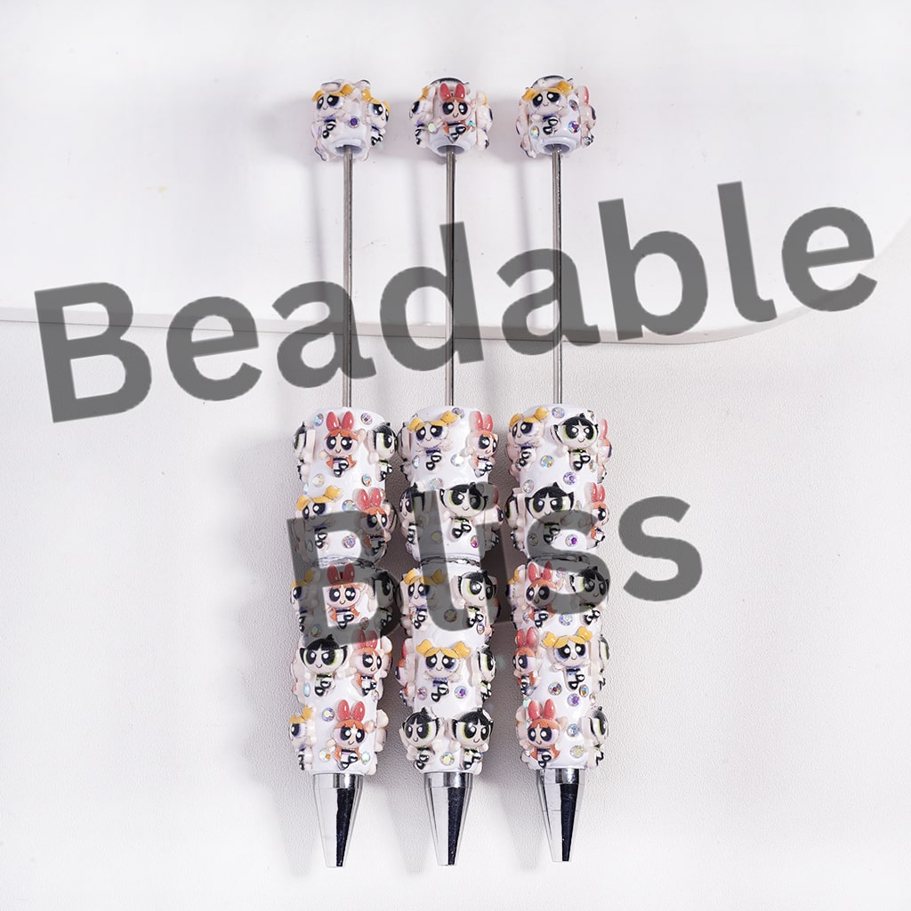 Beadable Clay Pens with Cute Baby Girl Characters and AB Rhinestones