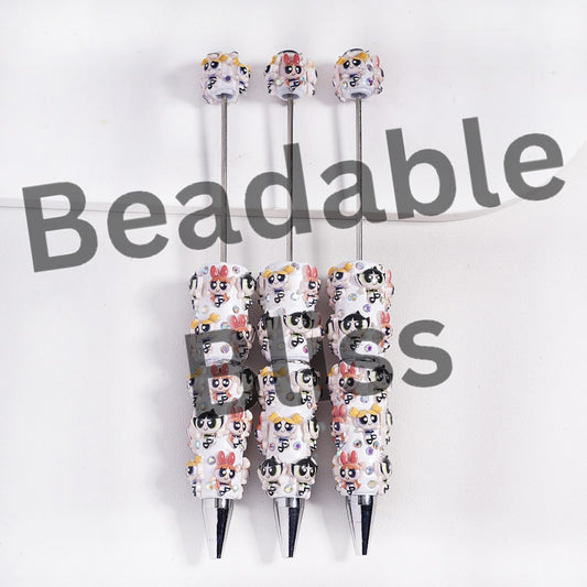 Beadable Clay Pens with Cute Baby Girl Characters and AB Rhinestones