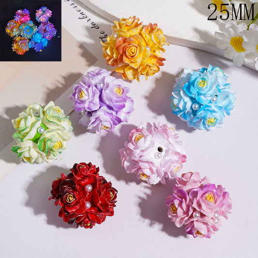 Luminous and Ombre Color Blooming Flower with Yellow Stamen Clay Beads, White Pearls, 25MM, Random Mix, Multi-Color