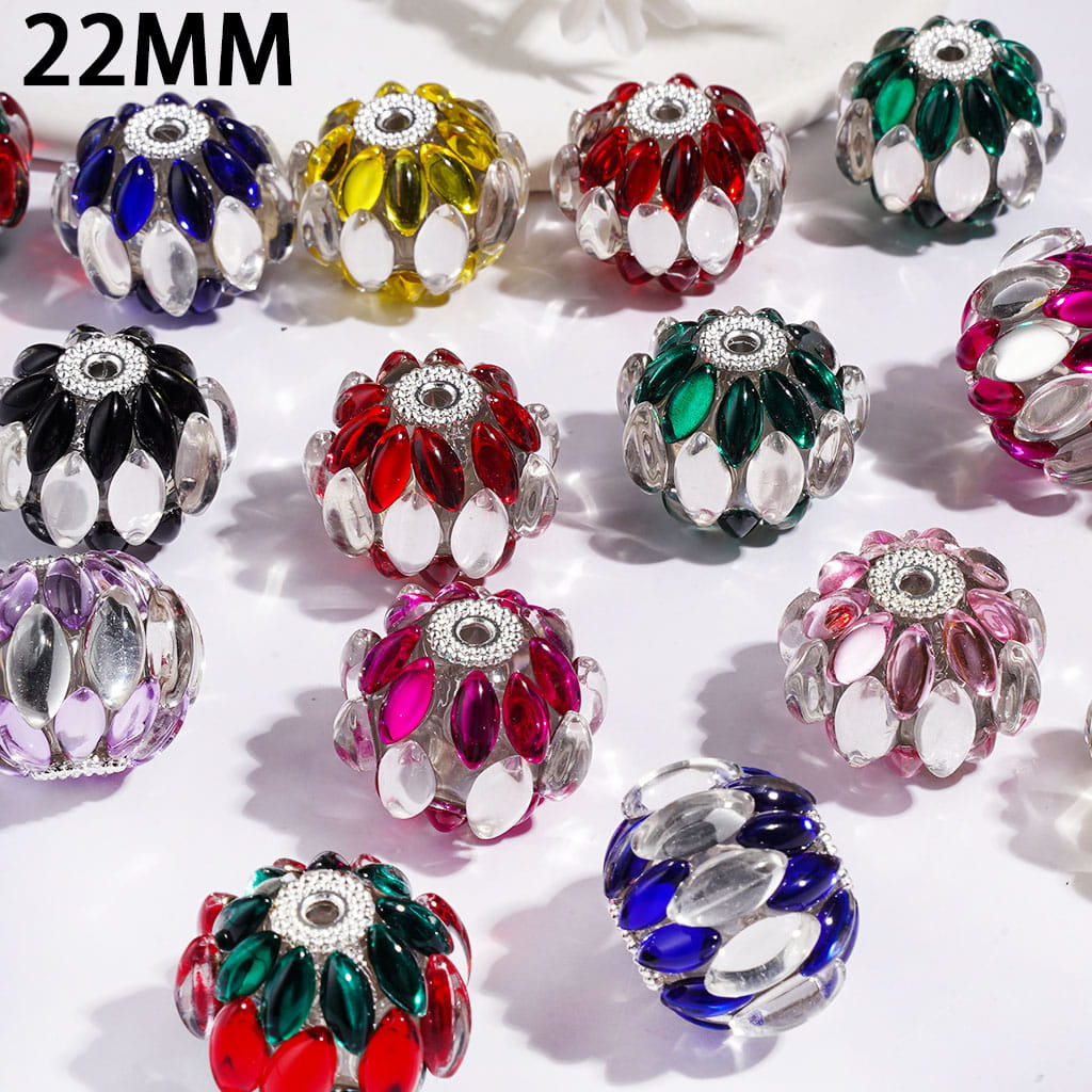Handmade Acrylic Beads with Double Colors Plump Marquise Cut Rhinestones in Three Layer, Silver Metal Base, 22MM, Multicolor, Random Mix