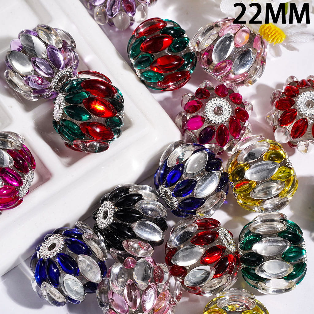 Handmade Acrylic Beads with Double Colors Plump Marquise Cut Rhinestones in Three Layer, Silver Metal Base, 22MM, Multicolor, Random Mix