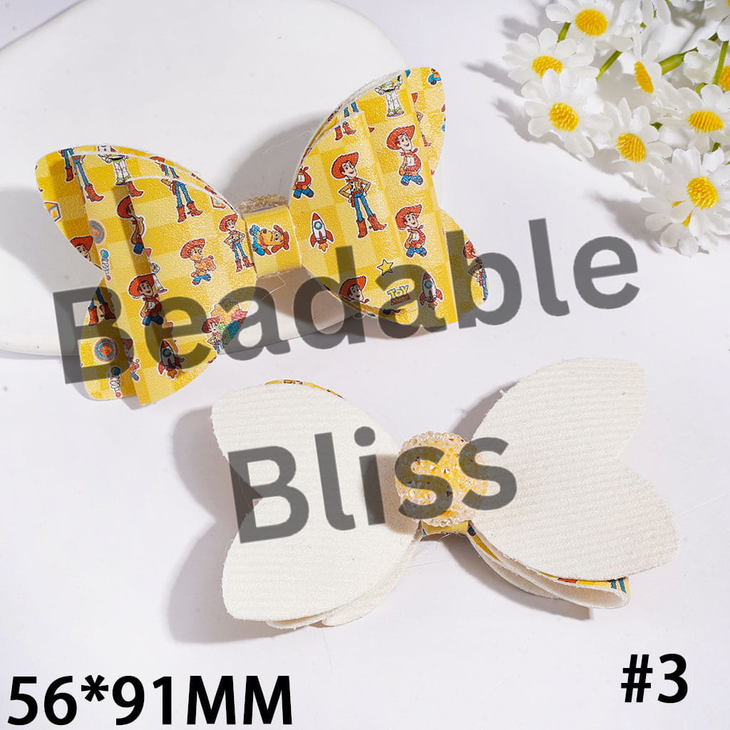 Toy Adventure Character Printed Three Layer Fabric Bowtie Sugar Beads, with Cone Shaped AB Rhinestones and Clear Pearl Loop, Multi-Color