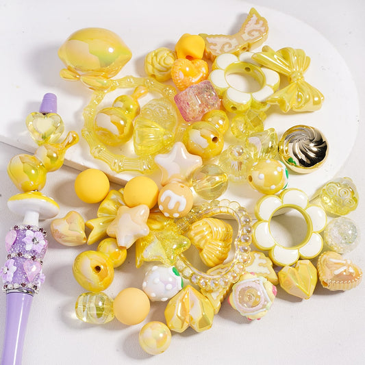 Acrylic Beads with UV Coating and Dazzling Yellow Series in Assorted Shapes, Random Mix (Please Read the Description)