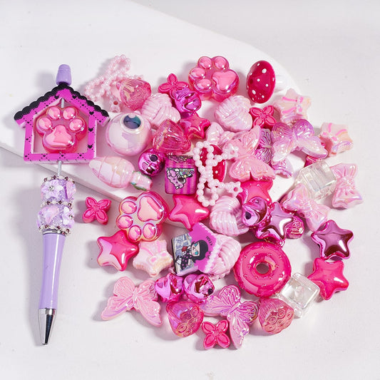 Acrylic Beads with UV Coating and Dazzling Pink Series in Various Shapes, Random Mix (Please Read the Description)