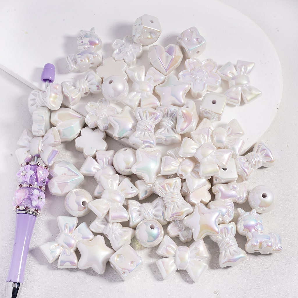 Acrylic Beads with UV Coating and Dazzling White Series in Various Shapes, Random Mix
