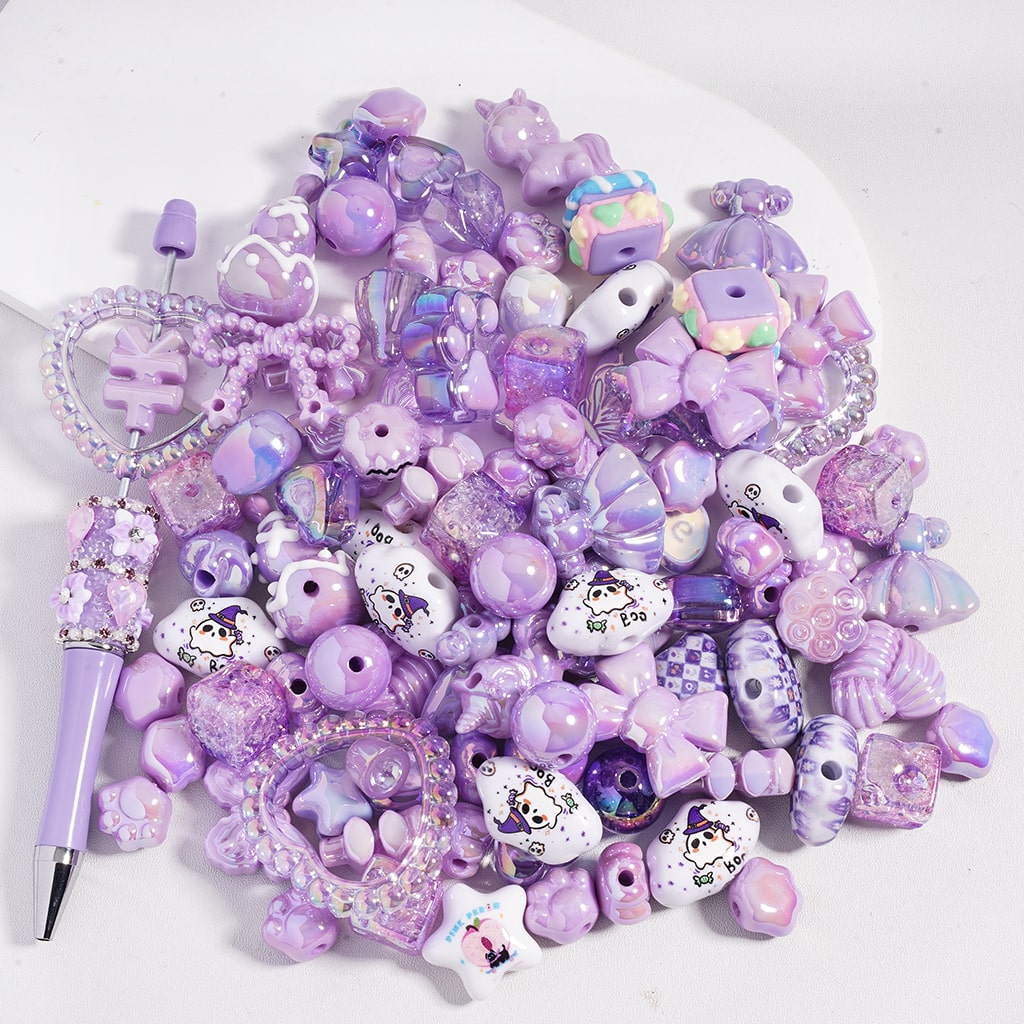 Acrylic Beads with UV Coating and Dazzling Purple Series in Assorted Shapes, Random Mix (Please Read the Description)