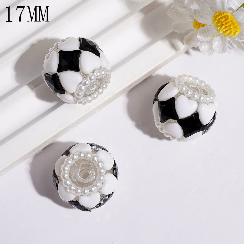 17MM - Hand-Made Acrylic Beads with White Heart Rhinestones and Black Diamond Crystals, White Pearl Loop