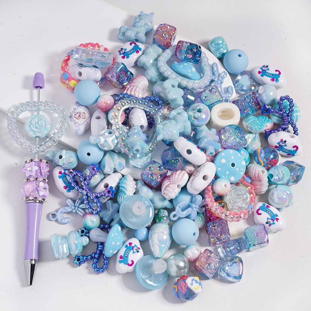 Acrylic Beads with UV Coating and Dazzling Blue Series in Various Shapes, Random Mix (Please Read the Description)