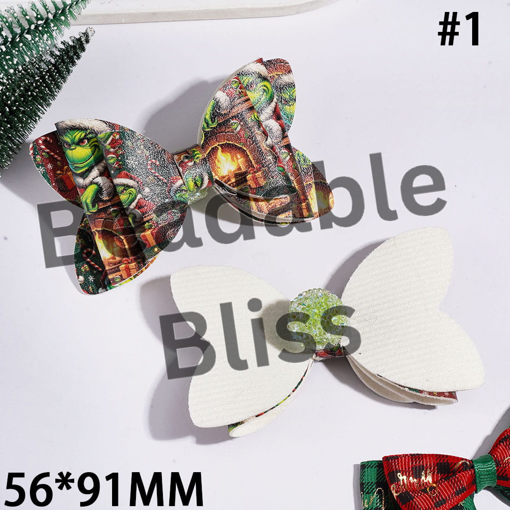 Christmas Green Character Printed Three Layer Fabric Bowtie Sugar Beads, with Cone Shaped AB Rhinestones and Clear Pearl Loop