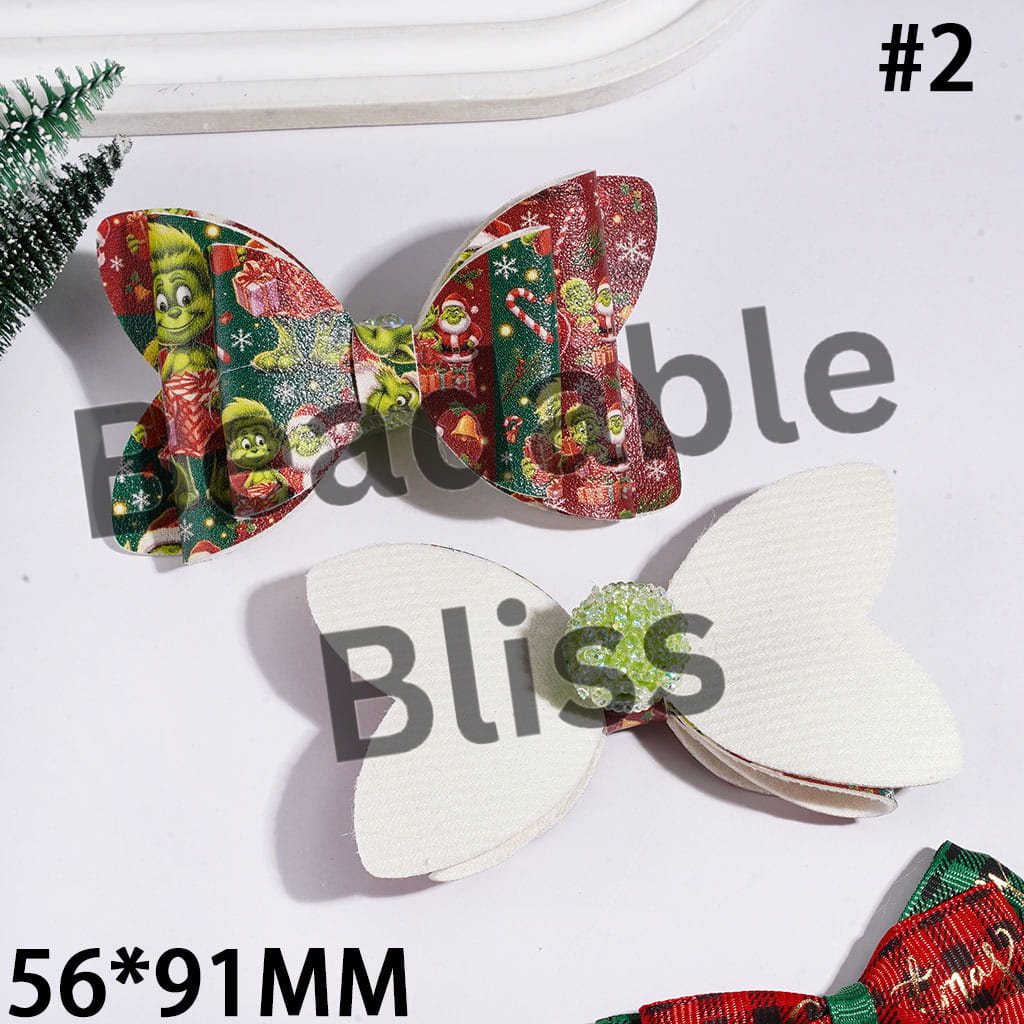 Christmas Green Character Printed Three Layer Fabric Bowtie Sugar Beads, with Cone Shaped AB Rhinestones and Clear Pearl Loop