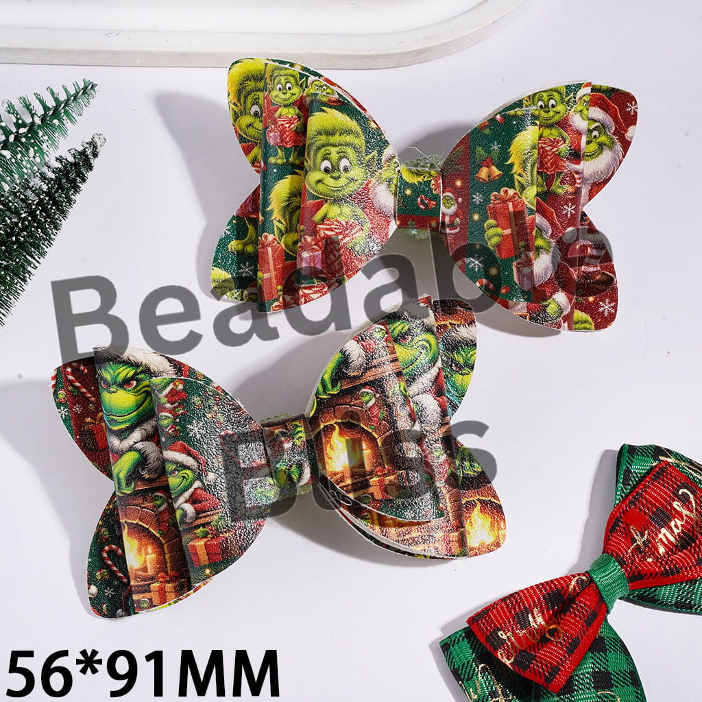 Christmas Green Character Printed Three Layer Fabric Bowtie Sugar Beads, with Cone Shaped AB Rhinestones and Clear Pearl Loop