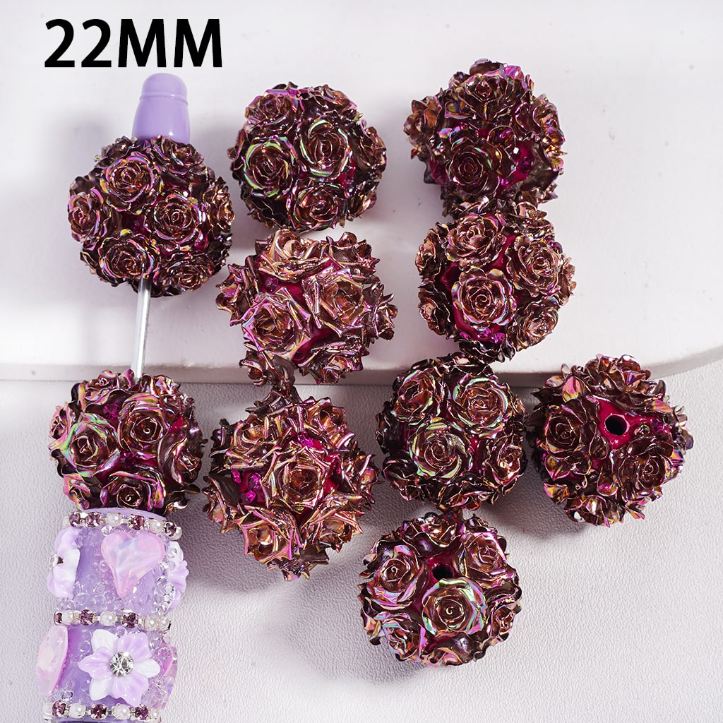 Clay Beads UV Coating Shiny Dazzling Purple-Red Flowers Rhinestones