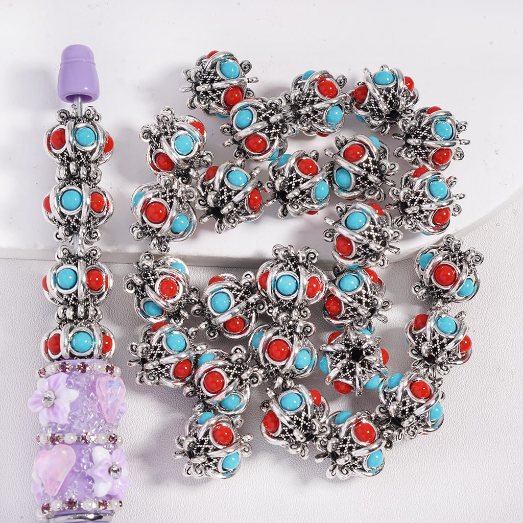 Fancy Silver Alloy Beads Lantern Shape with Half Side Bead in Teal and Red Colors, 14MM, Random Mix