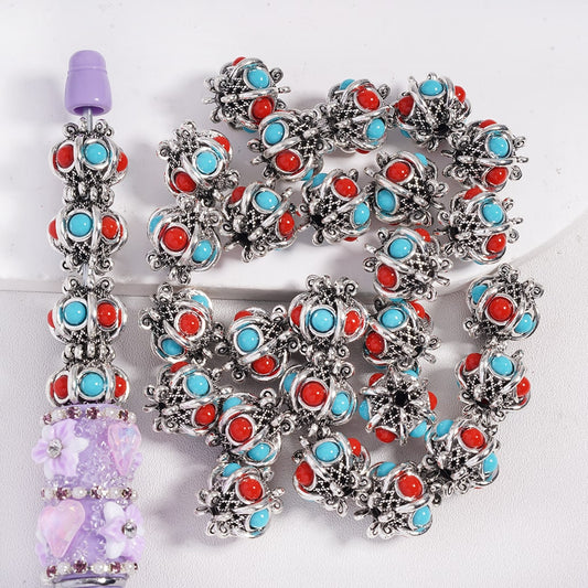 Fancy Silver Alloy Beads Lantern Shape with Half Side Bead in Teal and Red Colors, 14MM, Random Mix
