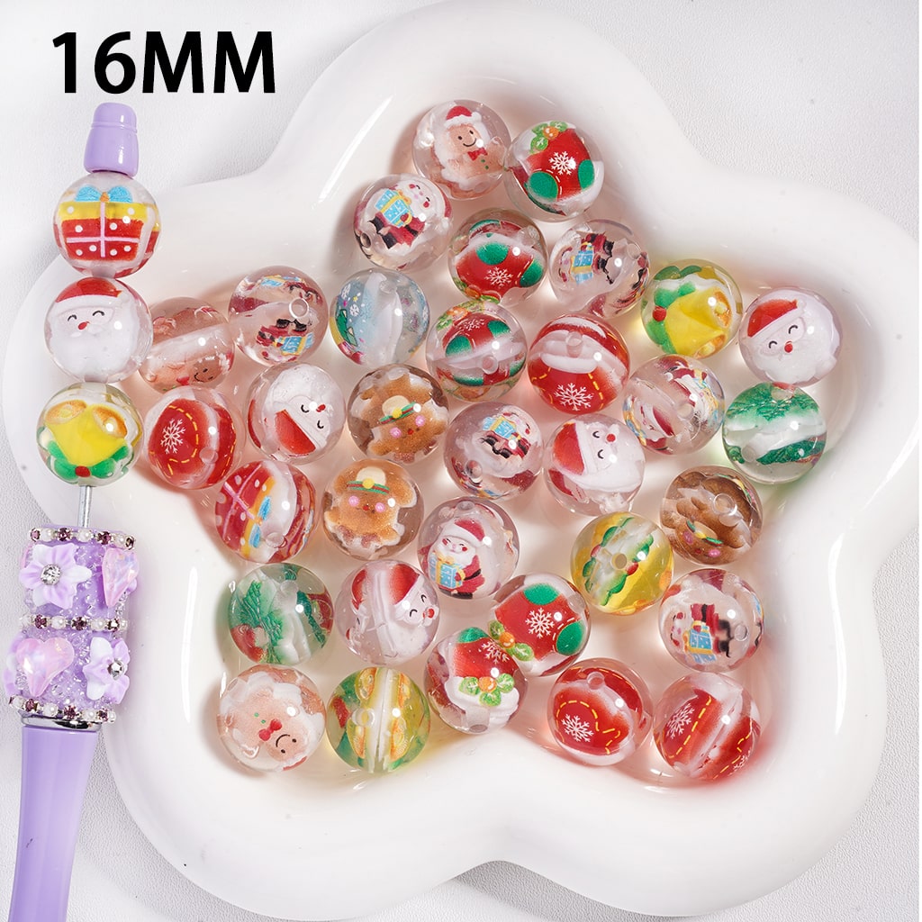 Acrylic Beads Christmas Series Patterns Embedded Inside Bead, 16MM, Translucent, Random Mix