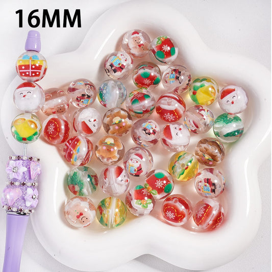 Acrylic Beads Christmas Series Patterns Embedded Inside Bead, 16MM, Translucent, Random Mix