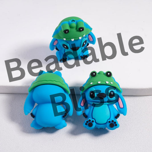 Silicone Focal Beads 3D Cute Blue Monster Character with Green Crocodile Head Hat
