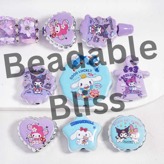 Acrylic Beads Adorable Character Series, Blue and Purple, Random Mix